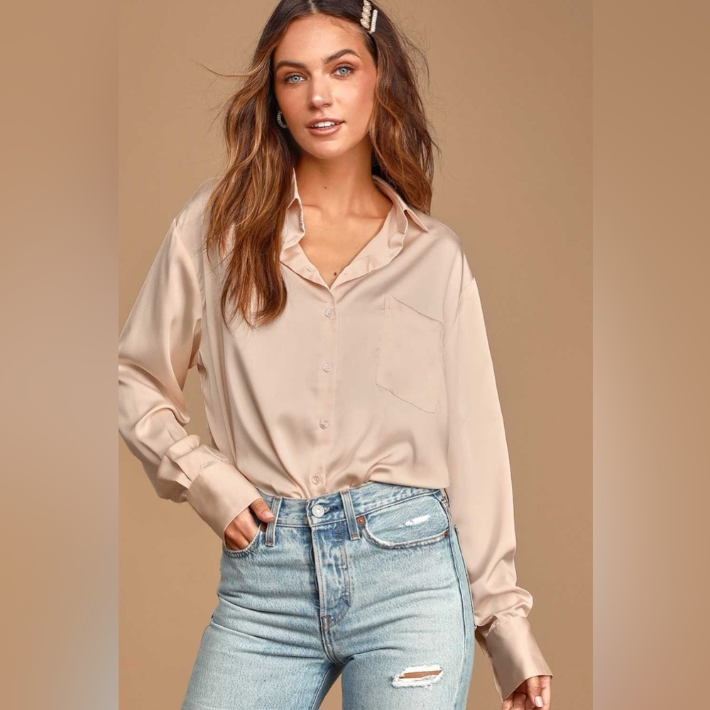 Lulu's Beige Satin Button-Up Blouse